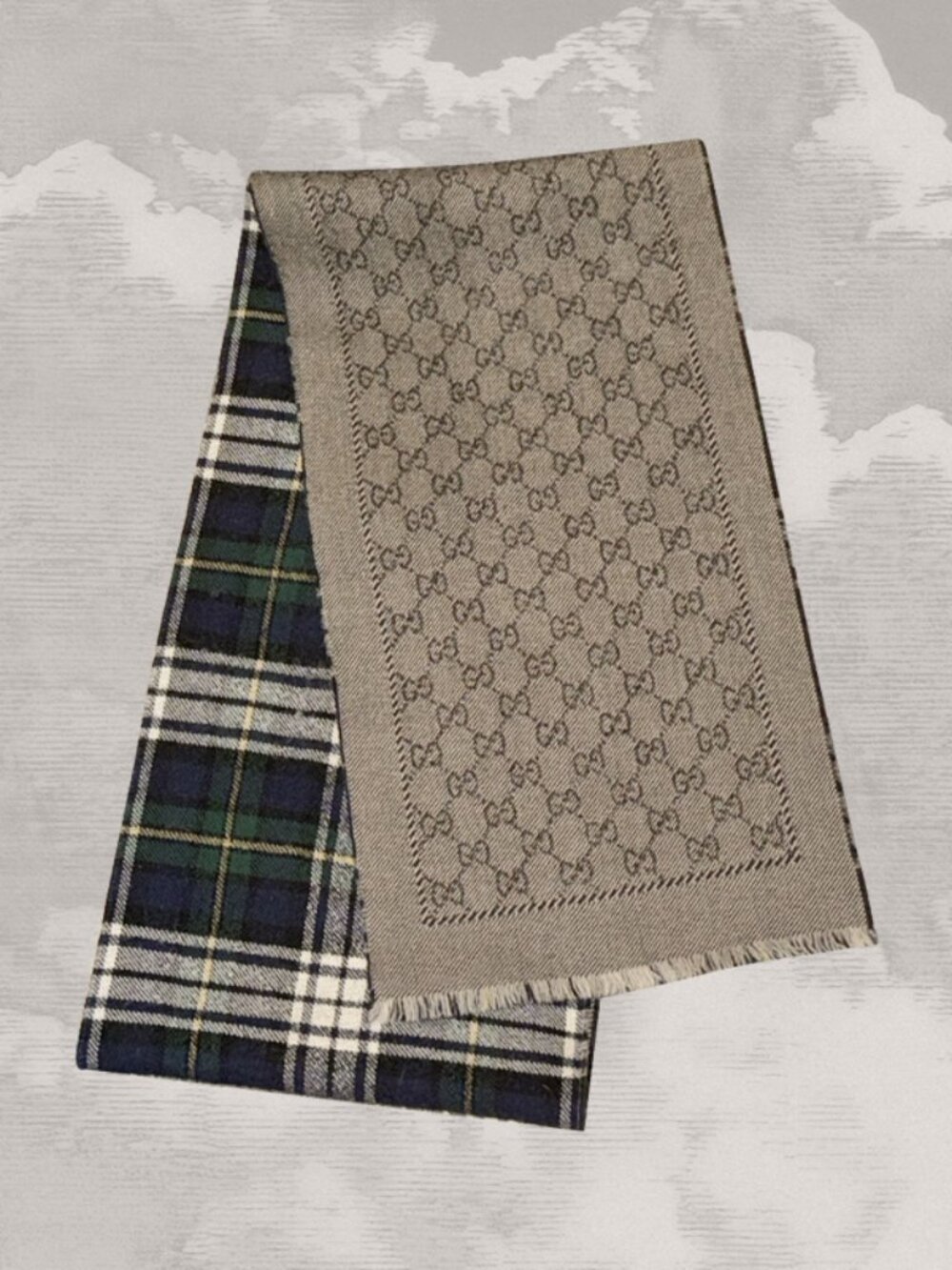 GUCCI scarf reversible 2-sided Plaid Tartan Signature Logo Wool Guccisima Dusty